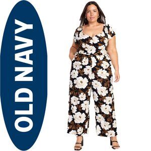Old Navy black and white floral fit & flare flutter sleeve jumpsuit (XL)